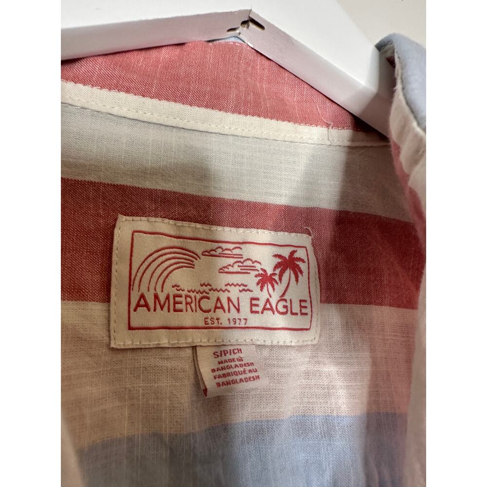 American Eagle Men Sze Small Striped Button Down Red Blue Cotton Vacation Summer - Picture 5 of 10